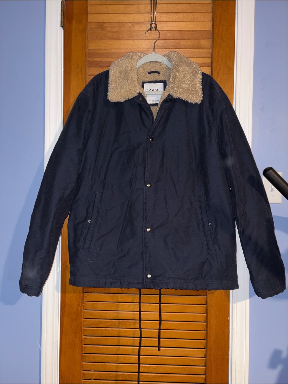 Zara Navy Coat with Cream Sherpa Collar
